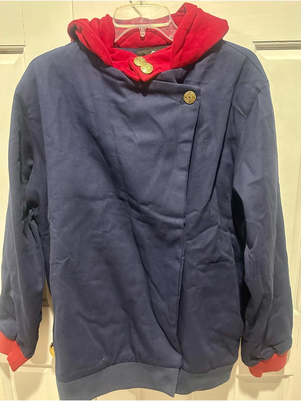 Women's Navy Jacket with Red Hood - Casual Layered Coat